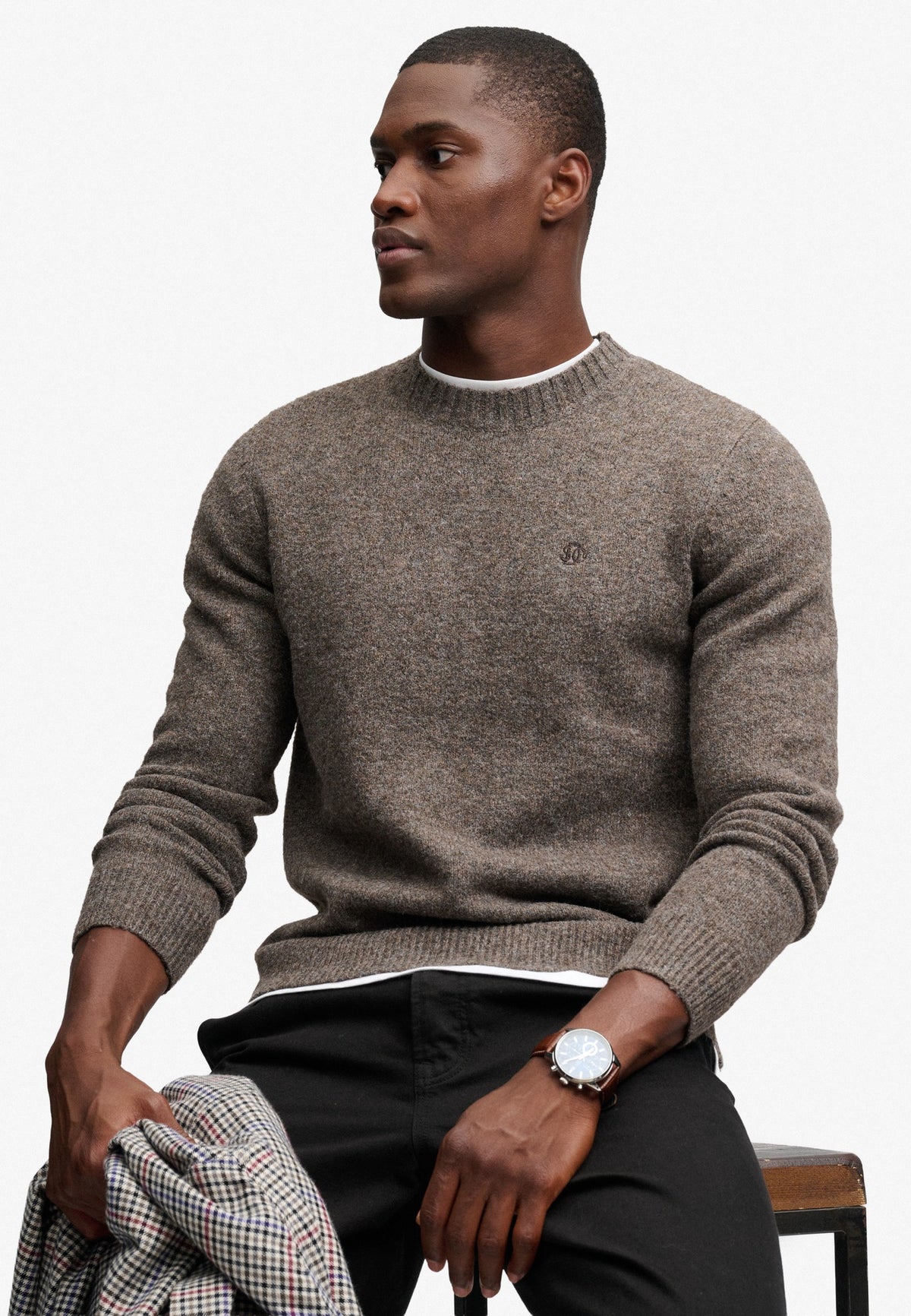 Superdry Brushed Knitted Jumper in Cocoa Brown Fleck seated view