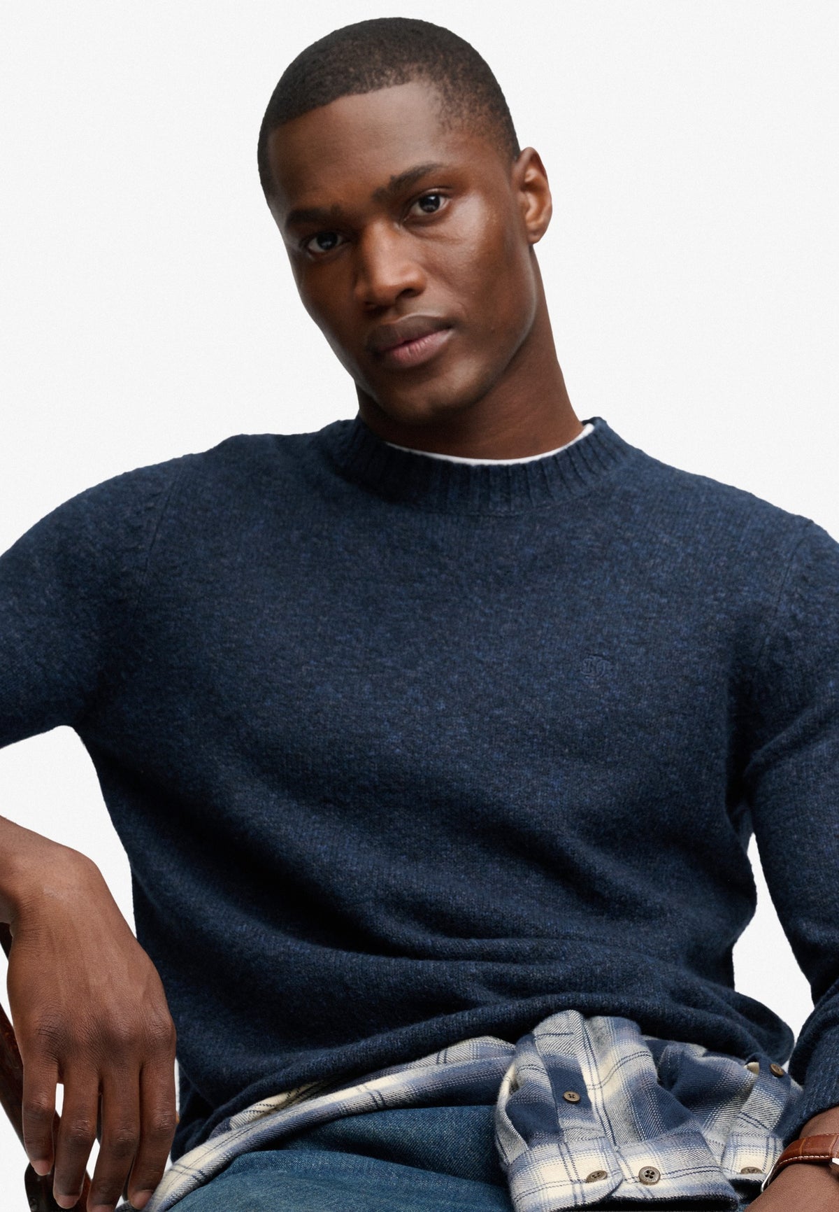 Superdry Brushed Knitted Jumper in Dark Navy Fleck seated view