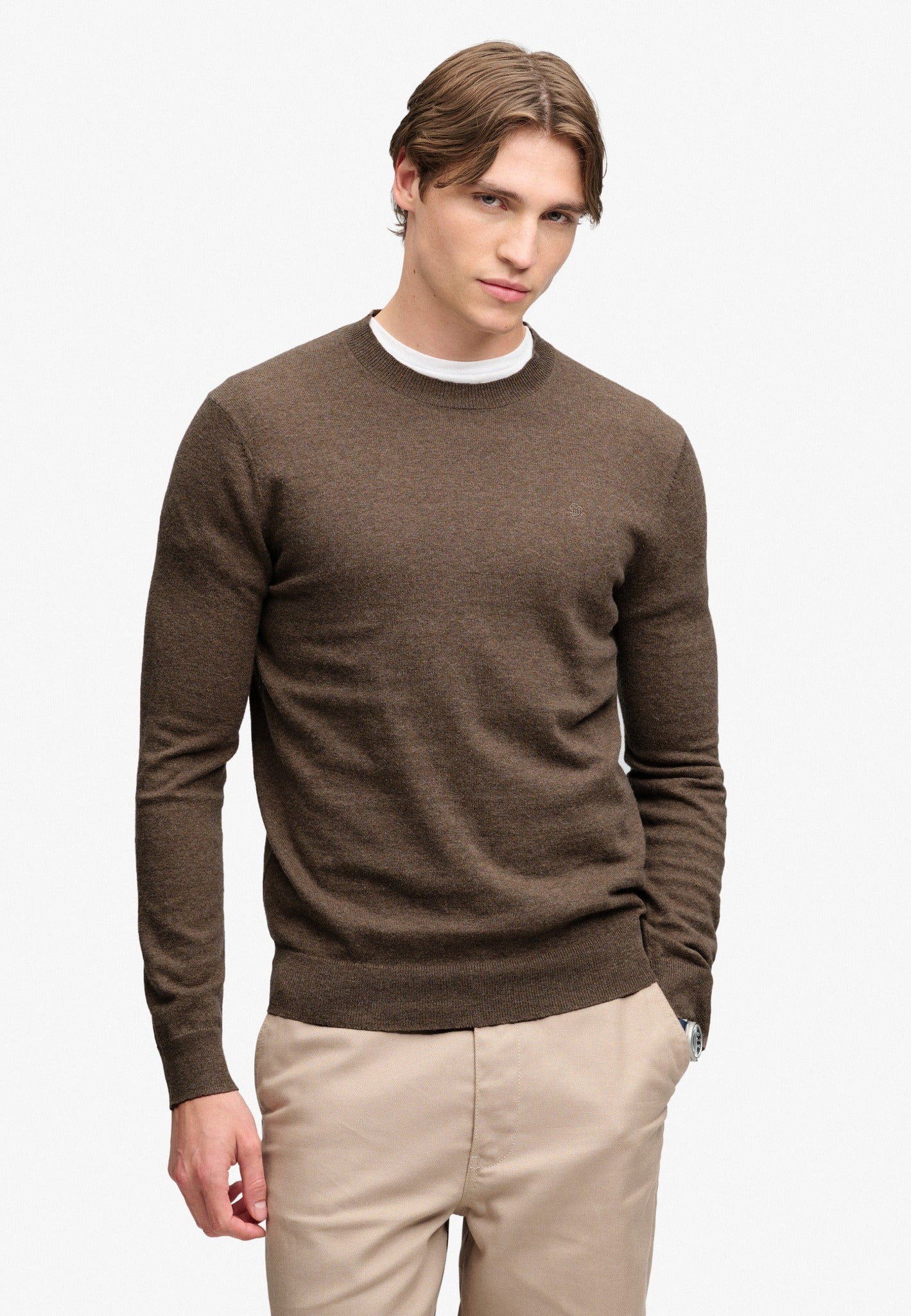 Superdry Essential Lightweight Wool Blend Jumper in Biscuit Brown Marl front model view