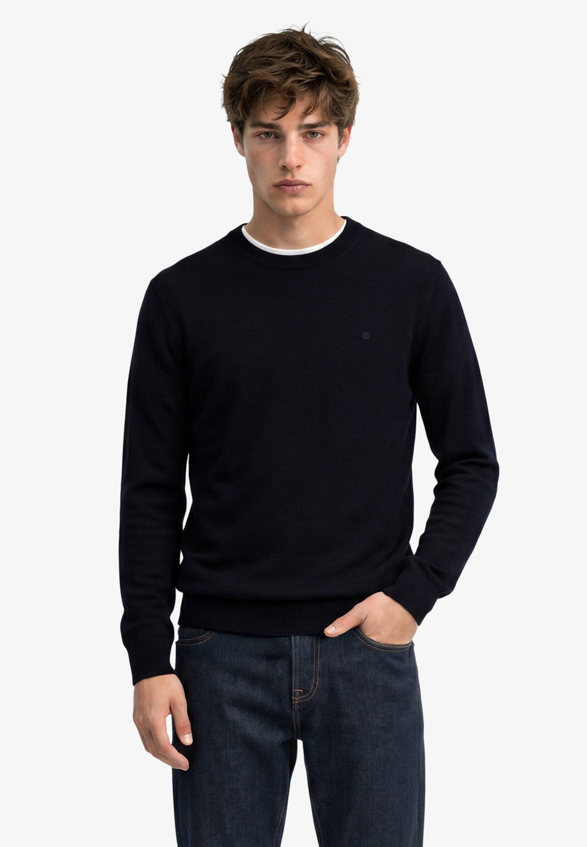 Superdry Essential Lightweight Wool Blend Jumper in Deepest Navy full length view