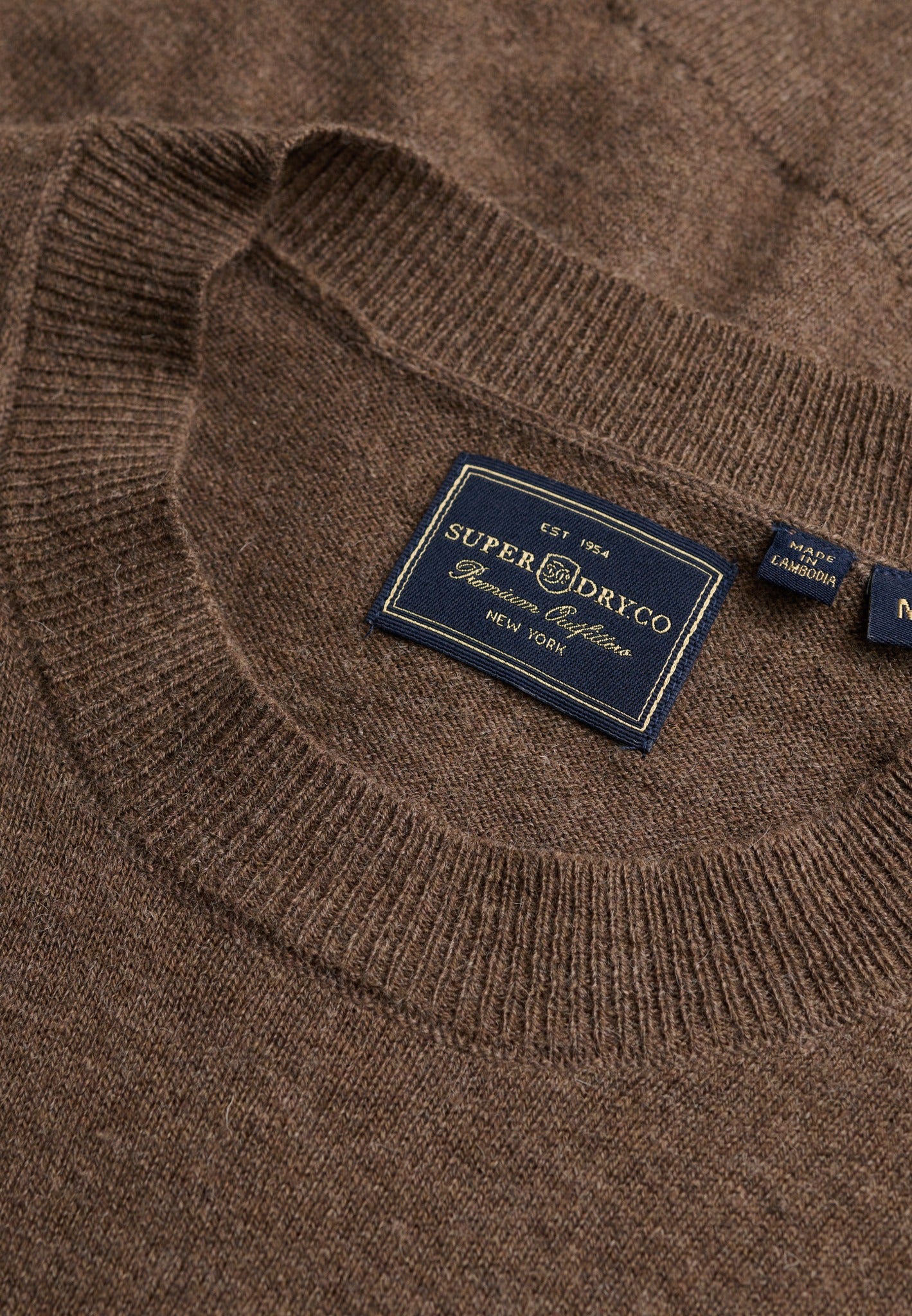 Superdry Essential Lightweight Wool Blend Jumper in Biscuit Brown Marl collar detail