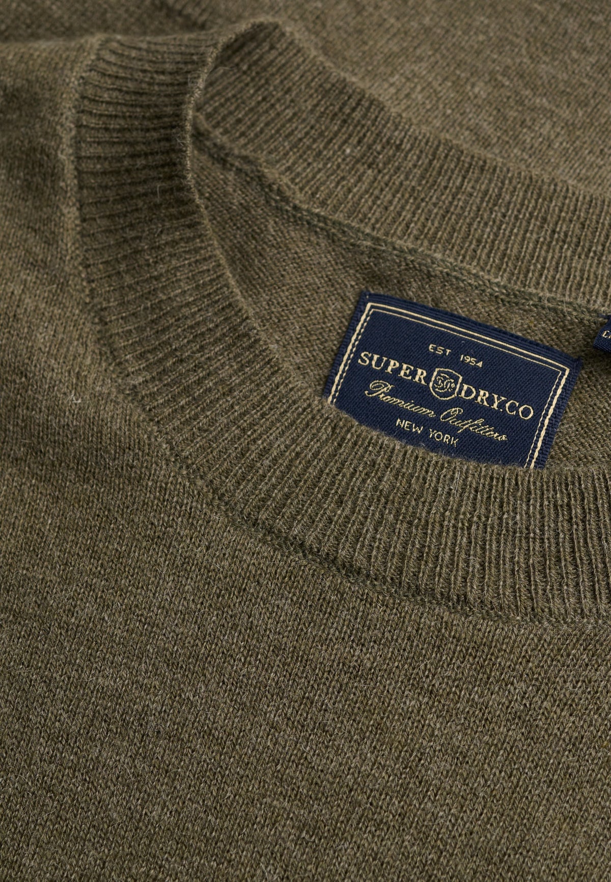 Superdry Essential Lightweight Wool Blend Jumper in Lichen Green Marl collar and logo label detail