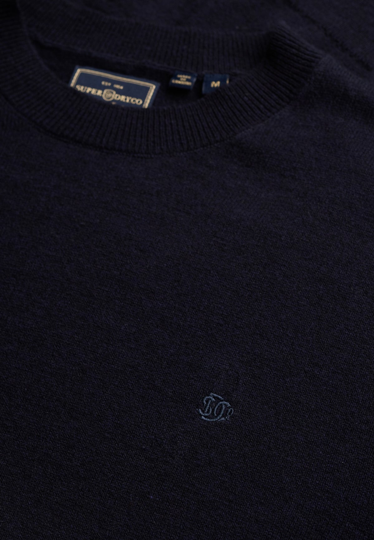Superdry Essential Lightweight Wool Blend Jumper in Deepest Navy collar detail