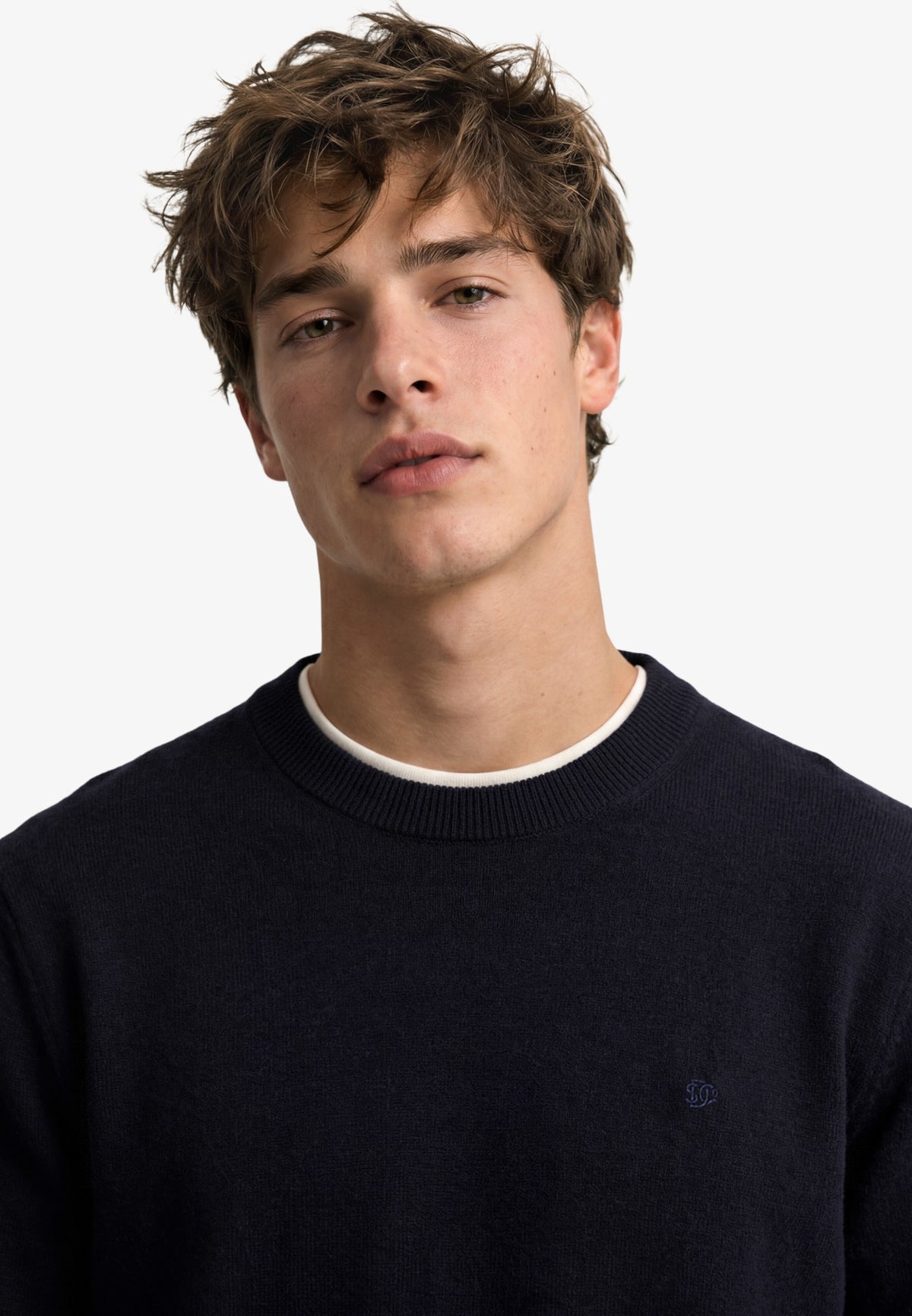 Superdry Essential Lightweight Wool Blend Jumper in Deepest Navy on model