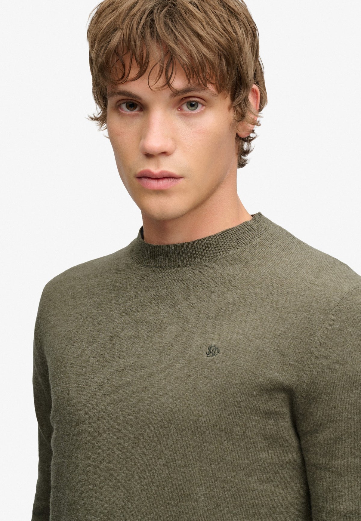 Superdry Essential Lightweight Wool Blend Jumper in Lichen Green Marl upper body view