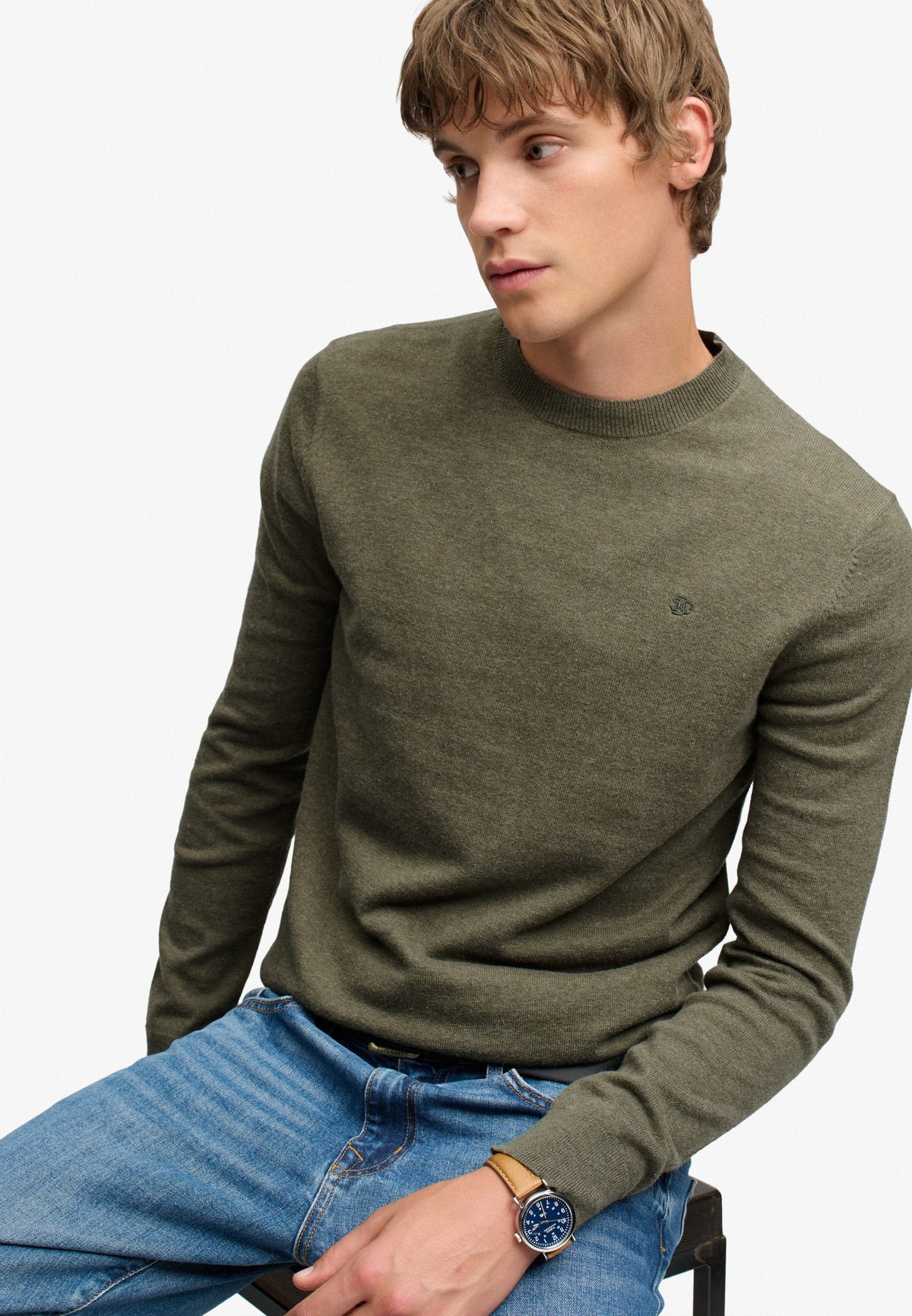 Superdry Essential Lightweight Wool Blend Jumper in Lichen Green Marl seated view