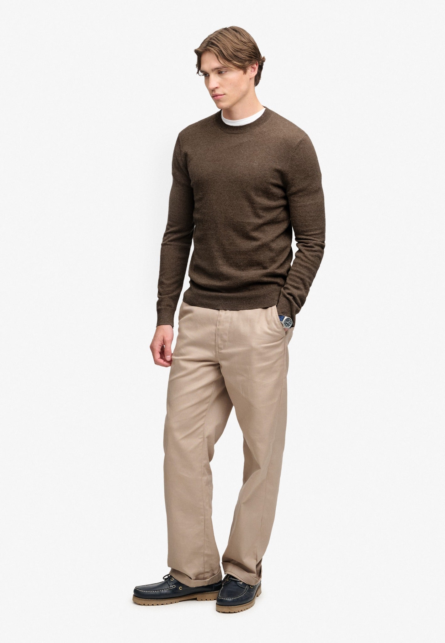 Superdry Essential Lightweight Wool Blend Jumper in Biscuit Brown Marl full length model view