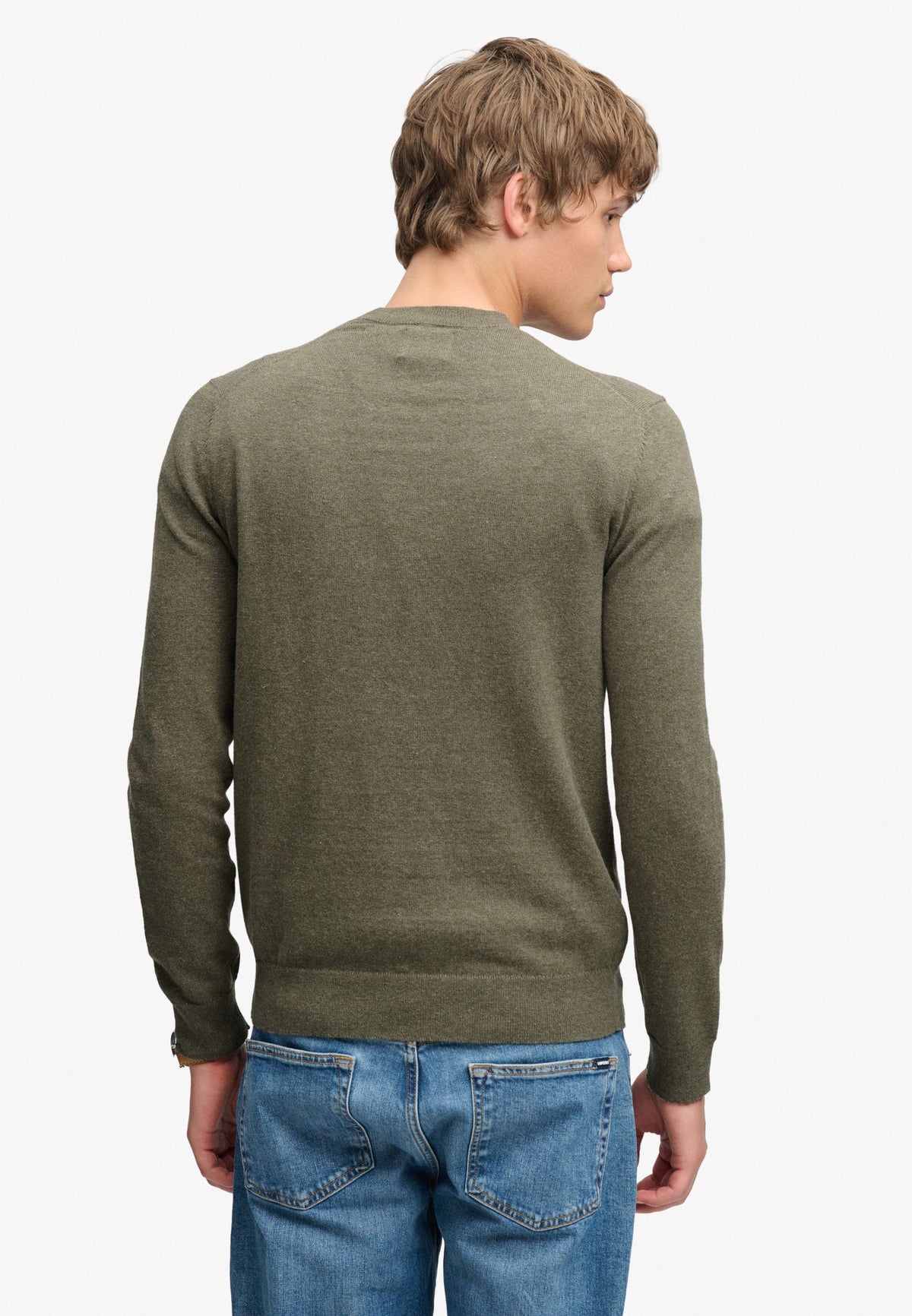 Superdry Essential Lightweight Wool Blend Jumper in Lichen Green Marl back view on model