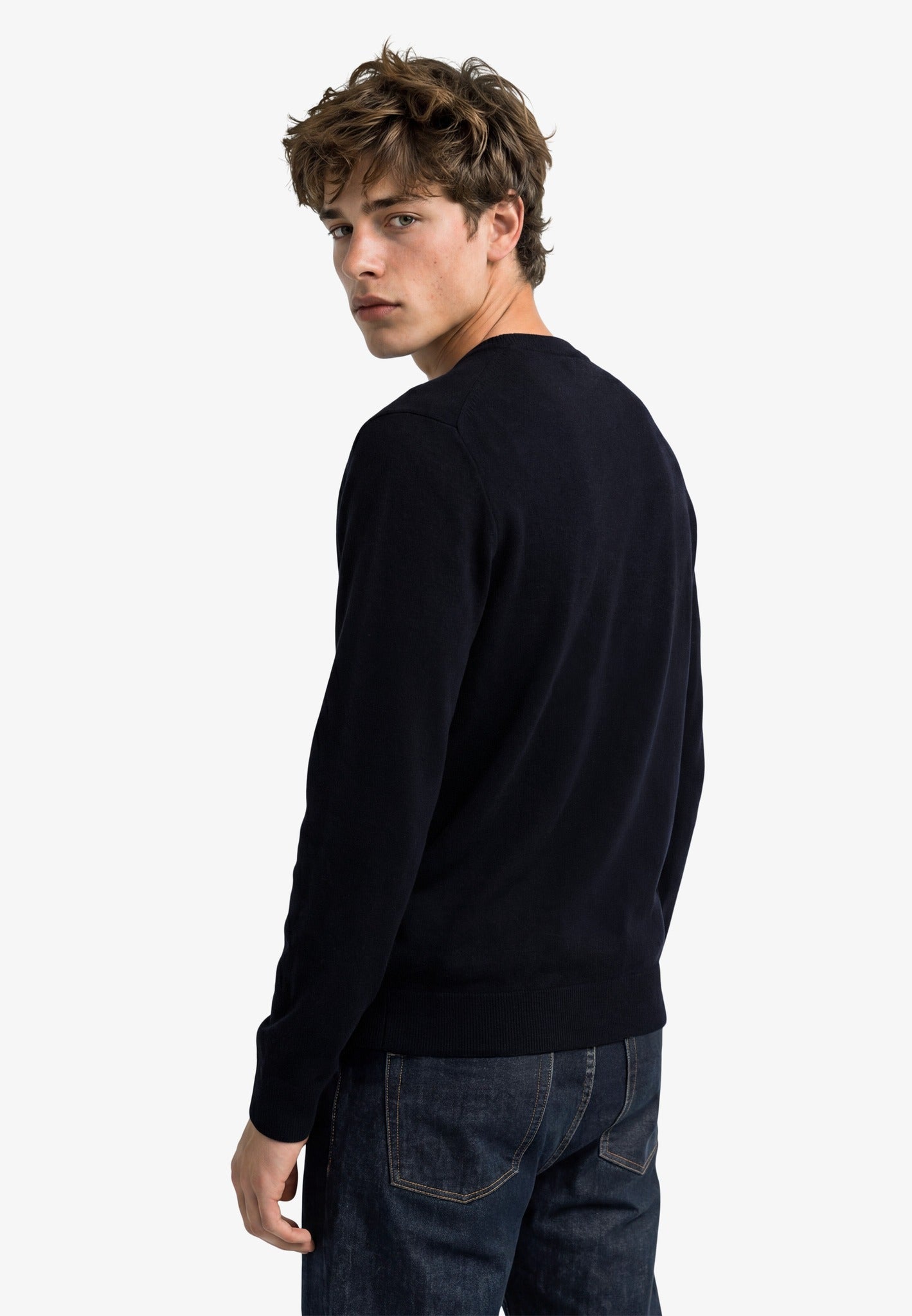 Superdry Essential Lightweight Wool Blend Jumper in Deepest Navy back view on model