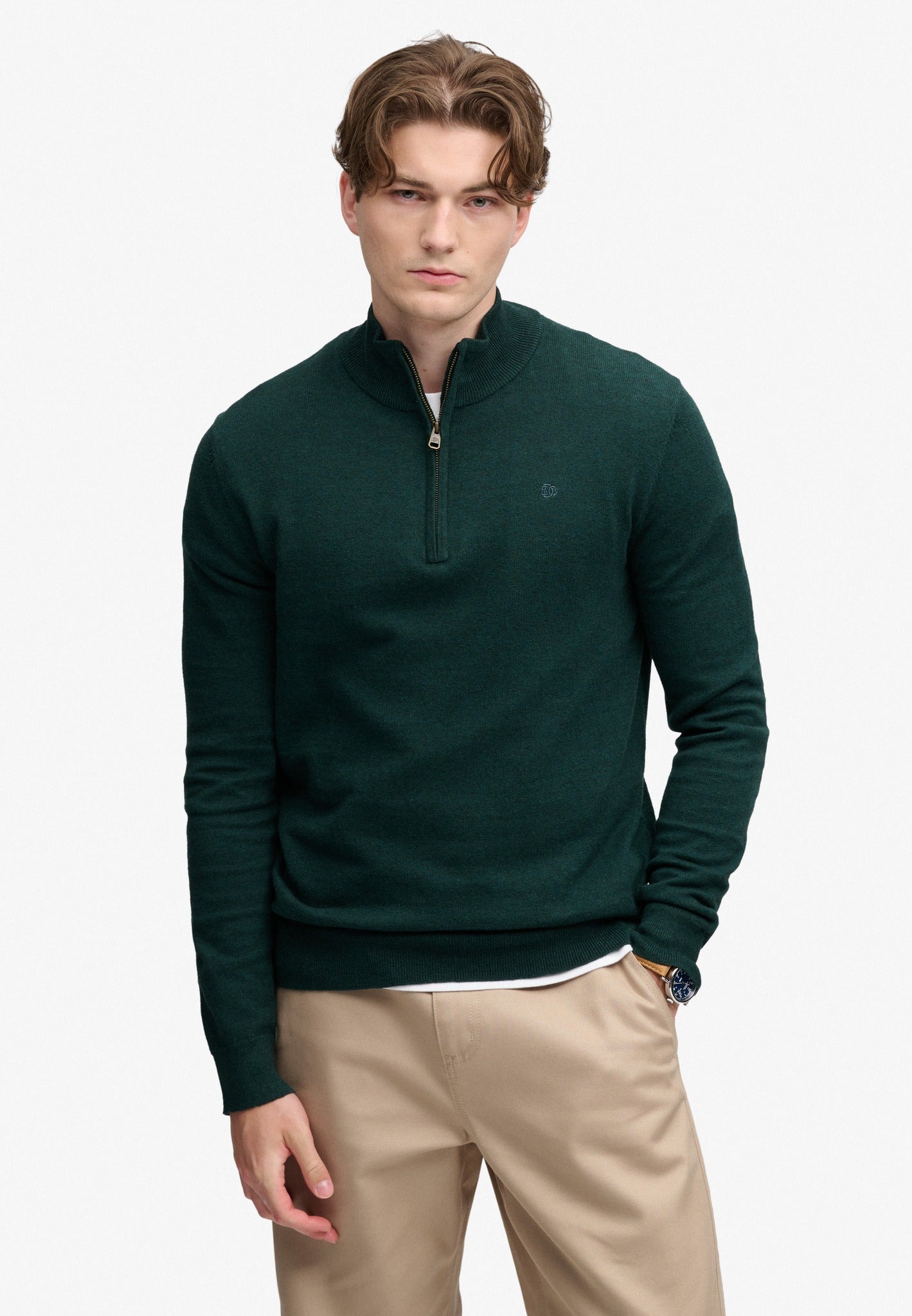 Superdry Essential Lightweight Wool Blend Half Zip Jumper in Deep Pine Green front model view