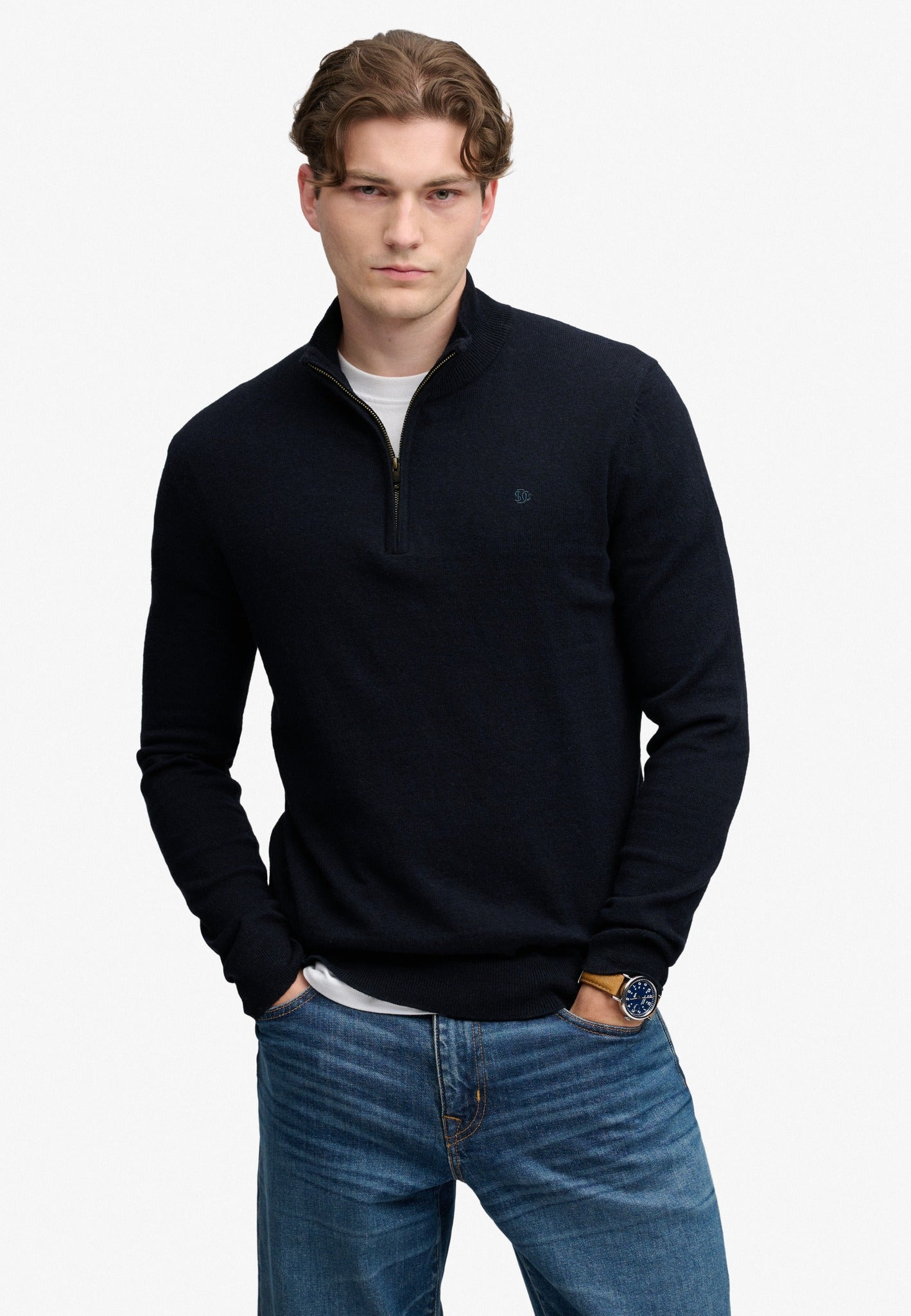 Superdry Essential Lightweight Wool Blend Half Zip Jumper in Deepest Navy front model view