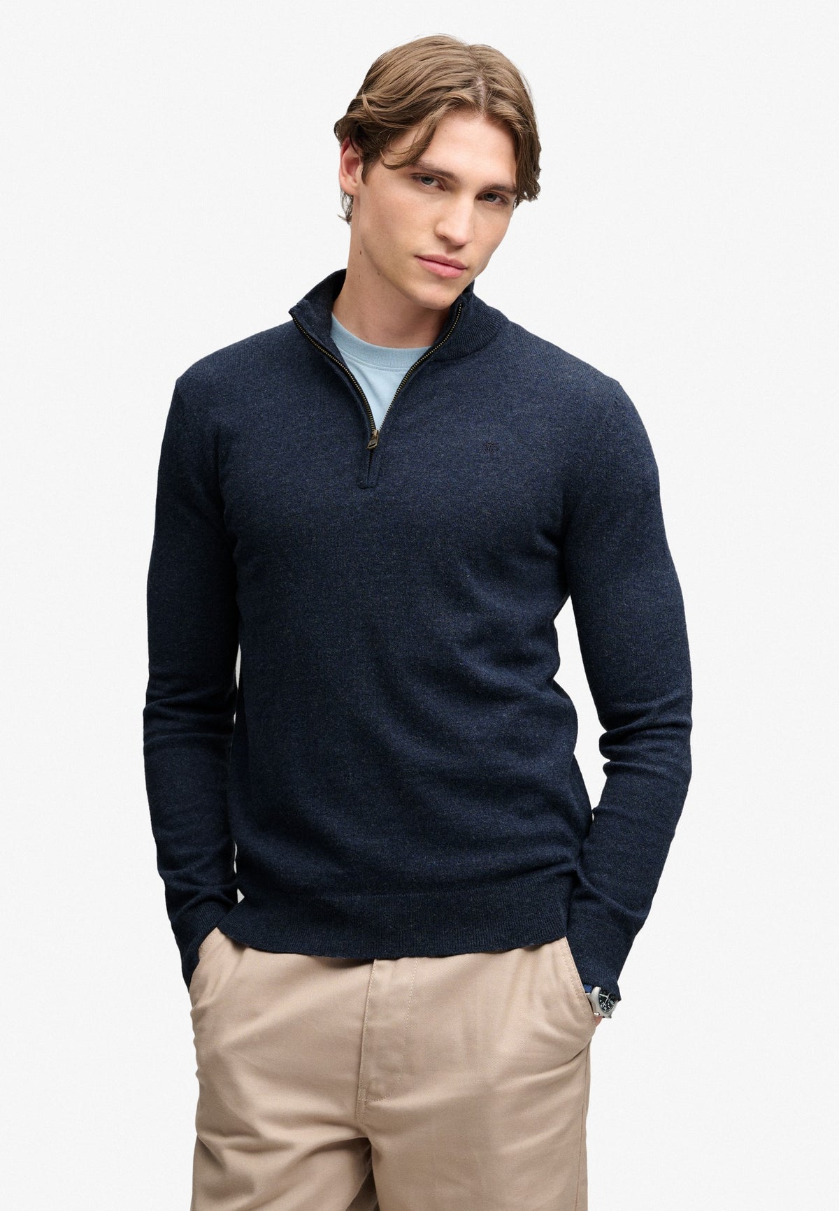 Superdry Essential Lightweight Wool Blend Half Zip Jumper in Rich Navy Marl on model