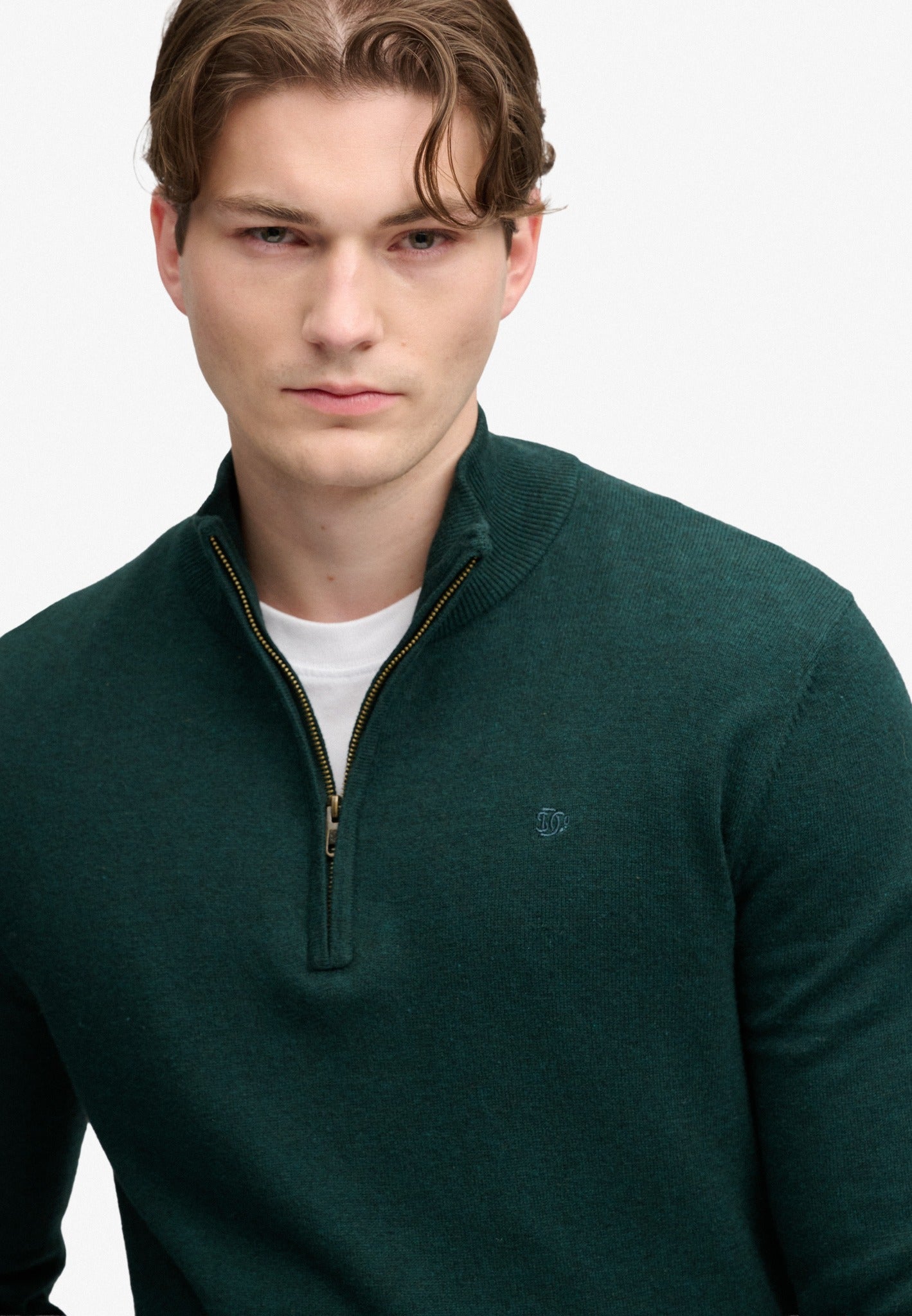 Superdry Essential Lightweight Wool Blend Half Zip Jumper in Deep Pine Green half model view