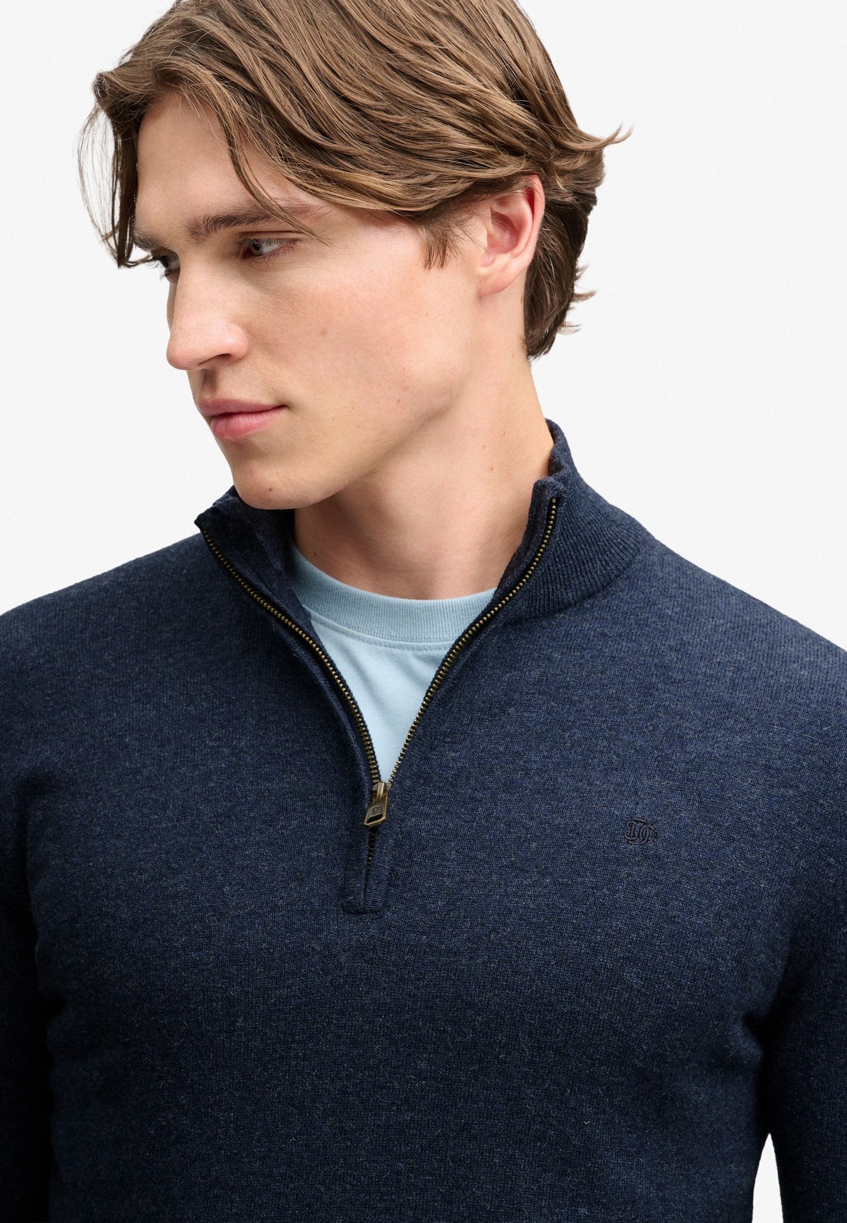 Superdry Essential Lightweight Wool Blend Half Zip Jumper in Rich Navy Marl angled view on model