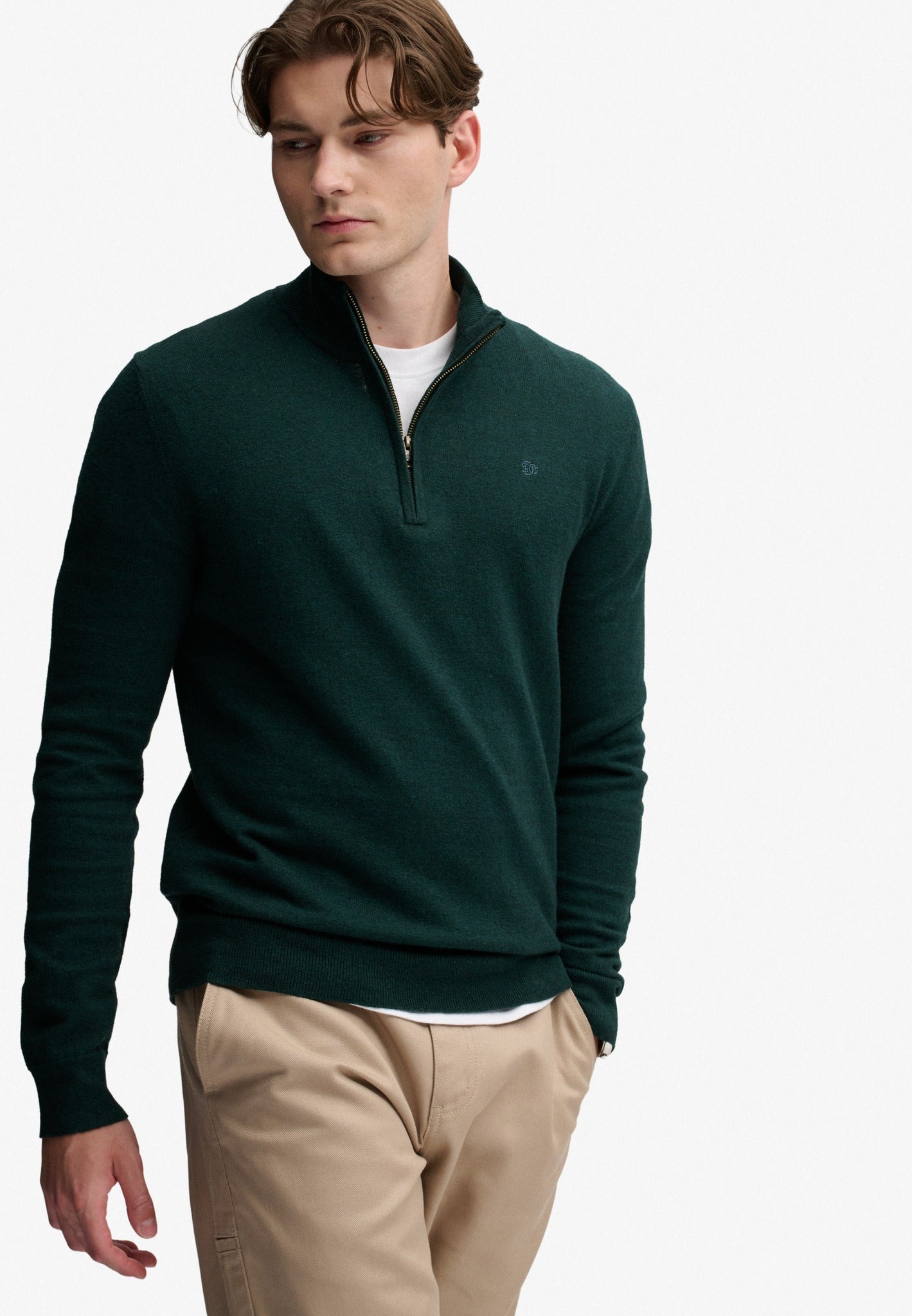 Superdry Essential Lightweight Wool Blend Half Zip Jumper in Deep Pine Green angled model view