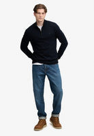Superdry Essential Lightweight Wool Blend Half Zip Jumper in Deepest Navy full length model view