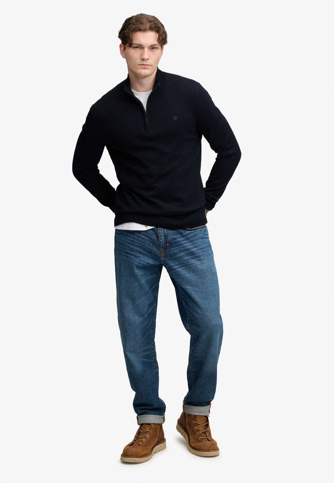 Superdry Essential Lightweight Wool Blend Half Zip Jumper in Deepest Navy full length model view