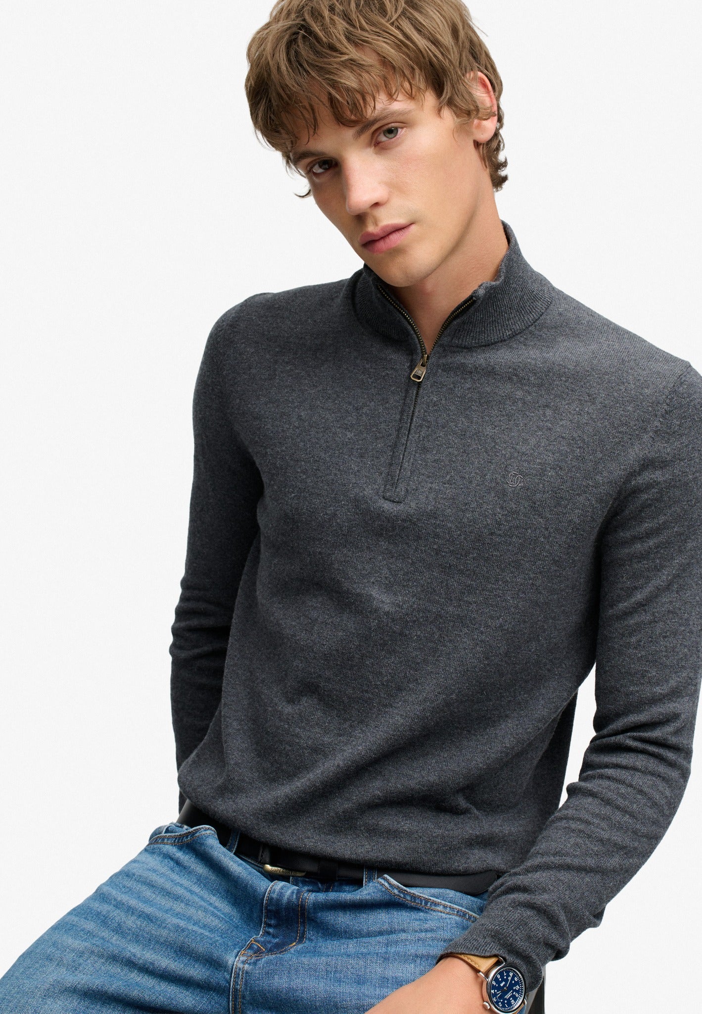 Superdry Essential Lightweight Wool Blend Half Zip Jumper in Iron Grey Marl seated model view