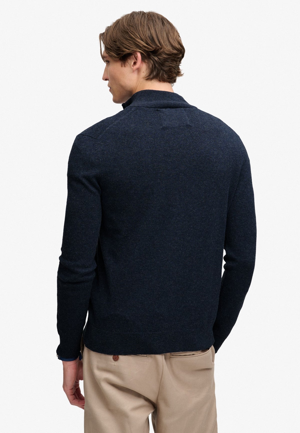 Superdry Essential Lightweight Wool Blend Half Zip Jumper in Rich Navy Marl back view on model