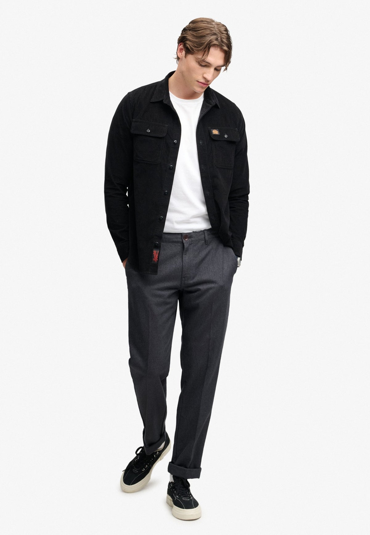Superdry Premium Textured Regular Chino in Textured Charcoal full length view