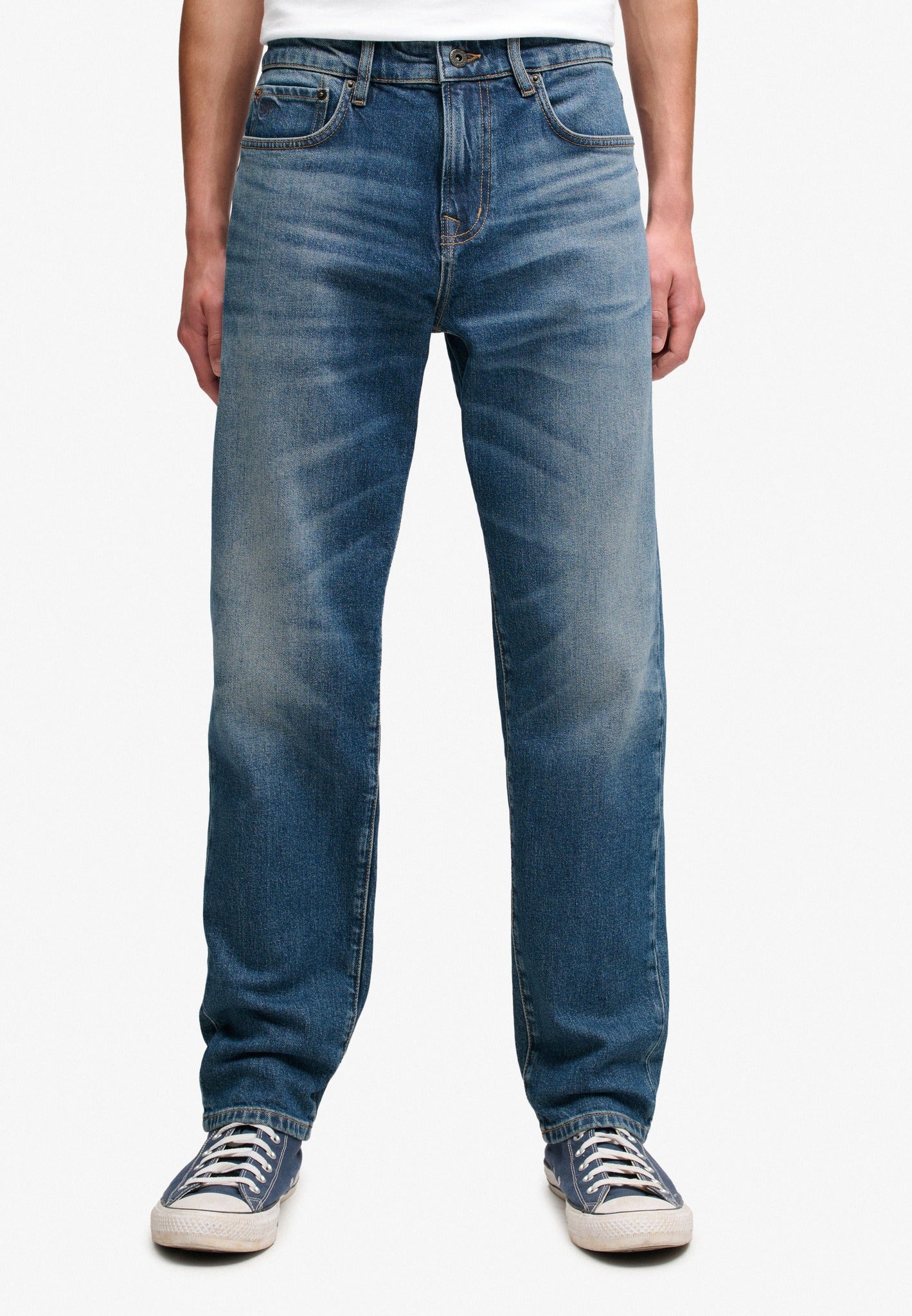 Superdry Vintage Tapered Jeans in Buck Blue full length model view