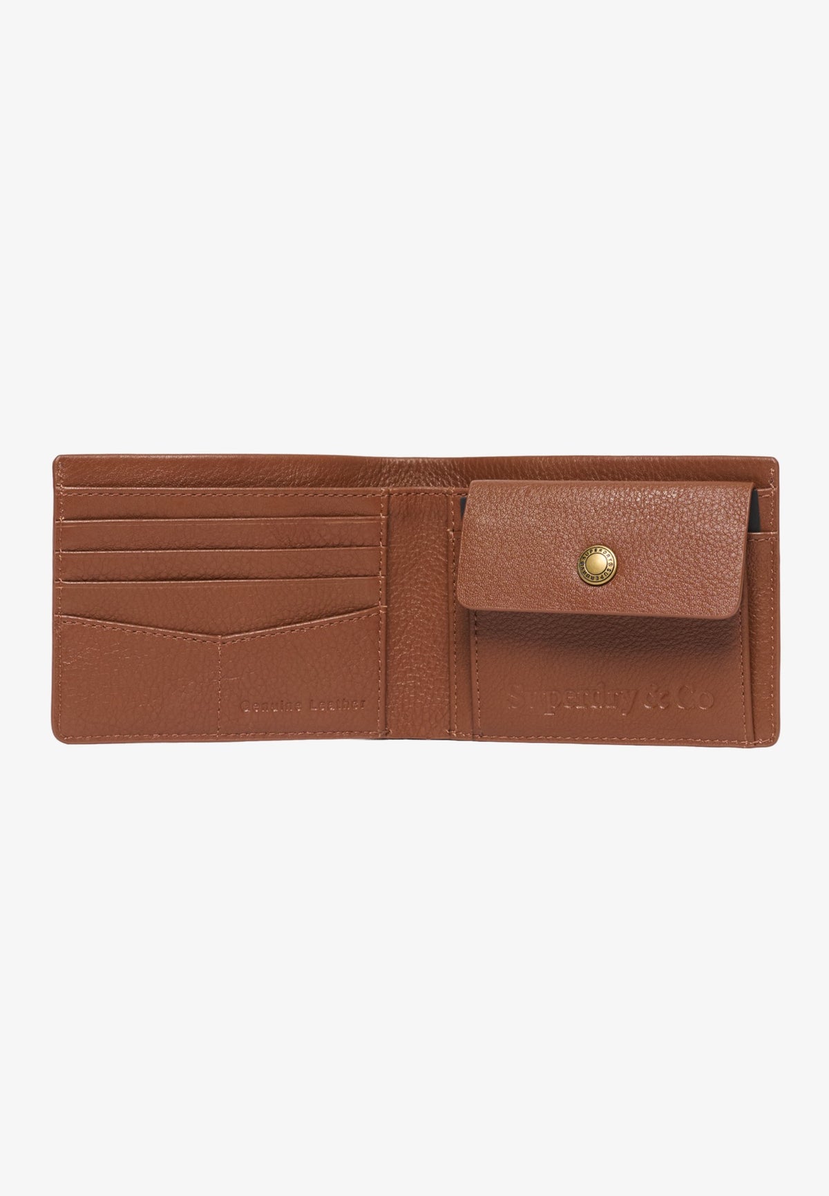 Superdry Classic Leather Wallet in Tan leather texture, embossed logo, button stud detail