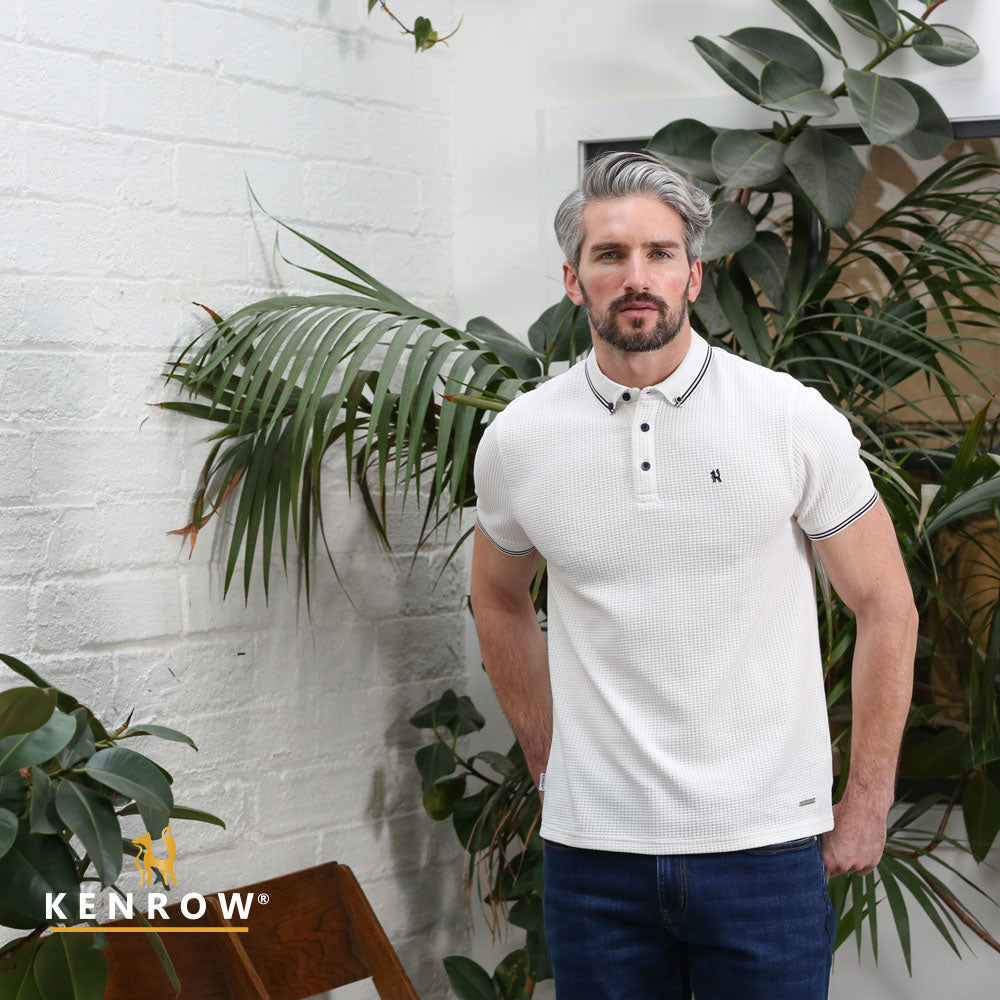 Kenrow Marcel cream textured polo shirt worn by model, front view