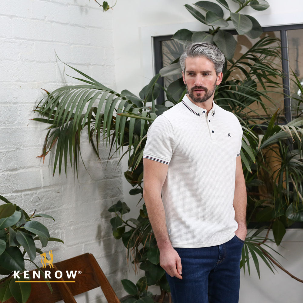 Kenrow Marcel cream textured polo shirt worn by model, angled front view