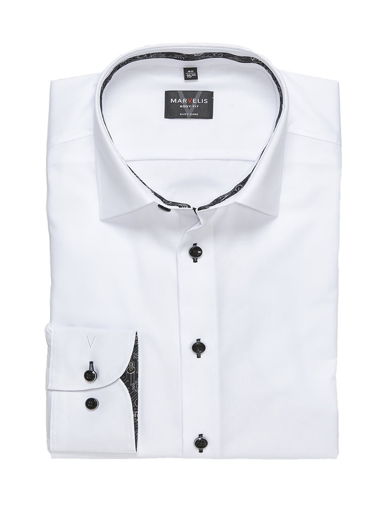 White dress shirt with black trim and buttons on a white background