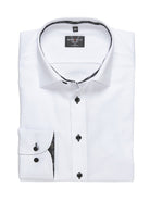 Marvelis Body Fit White Tuxedo Shirt With Black Buttons Black Stitching WHITE front view