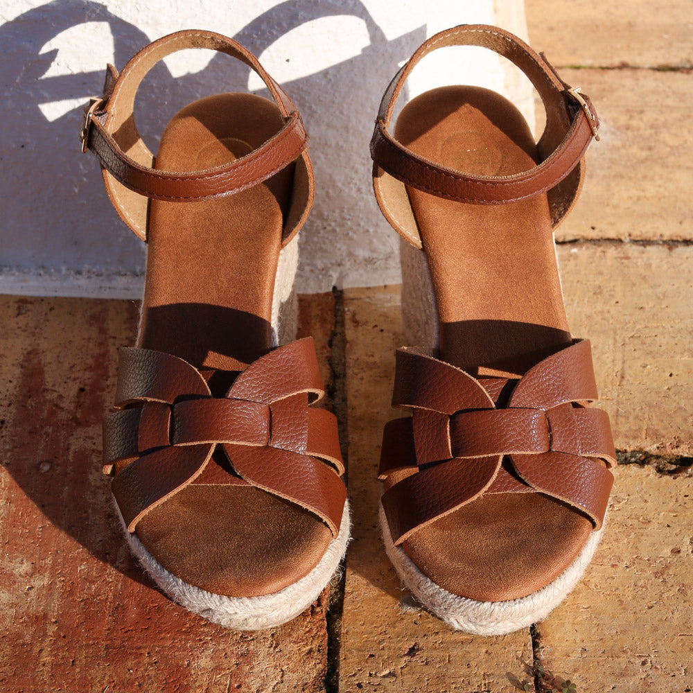 RANT & RAVE LADIES Mary Ann Tan Wedges Tan model front view