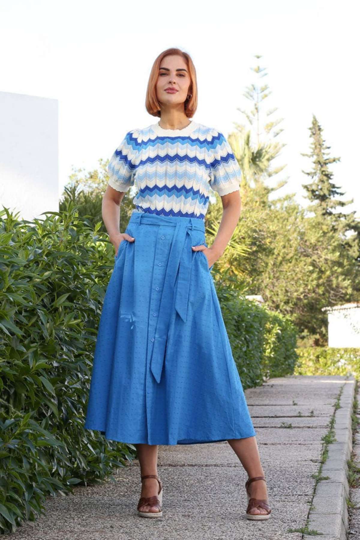 Ladies Mavis Blue Jumper-Model Full Front View