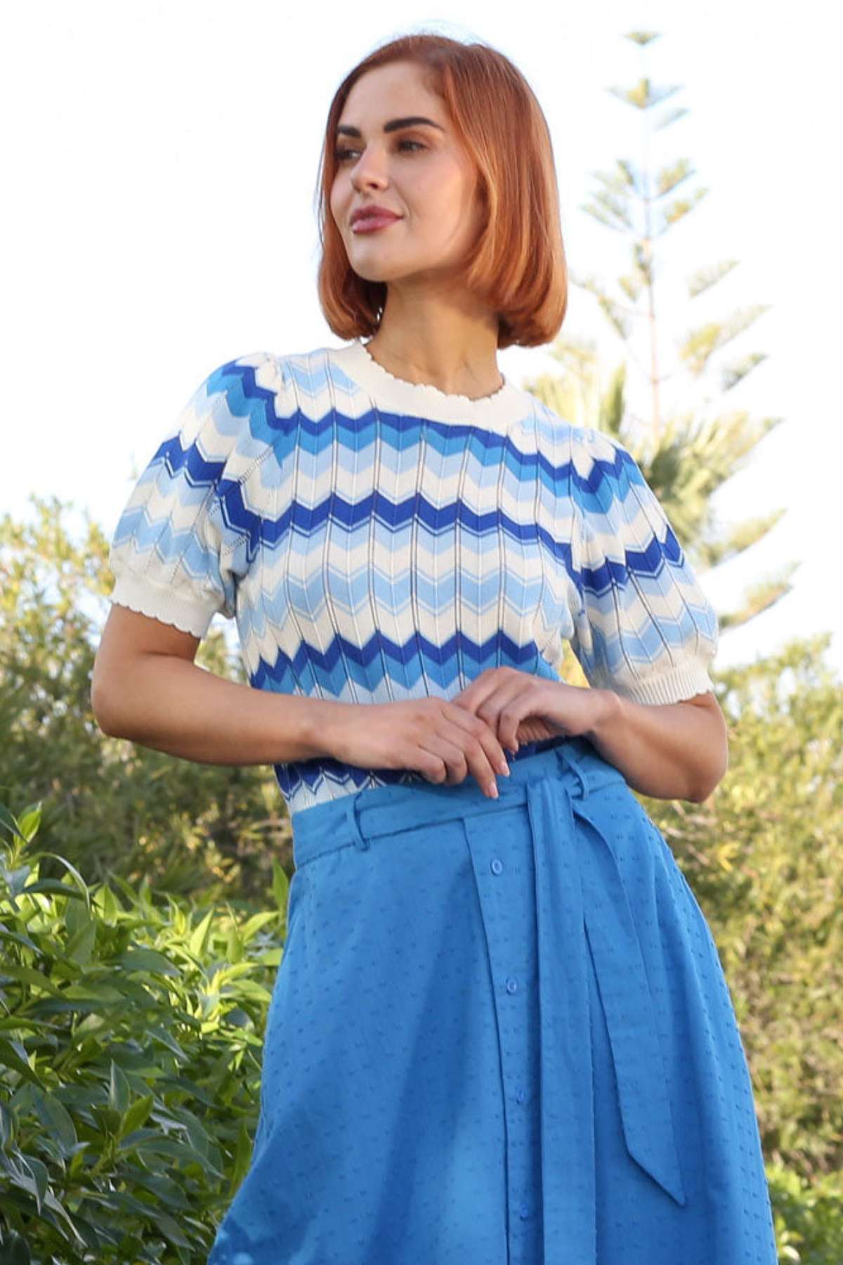 Ladies Mavis Blue Jumper-Model front View