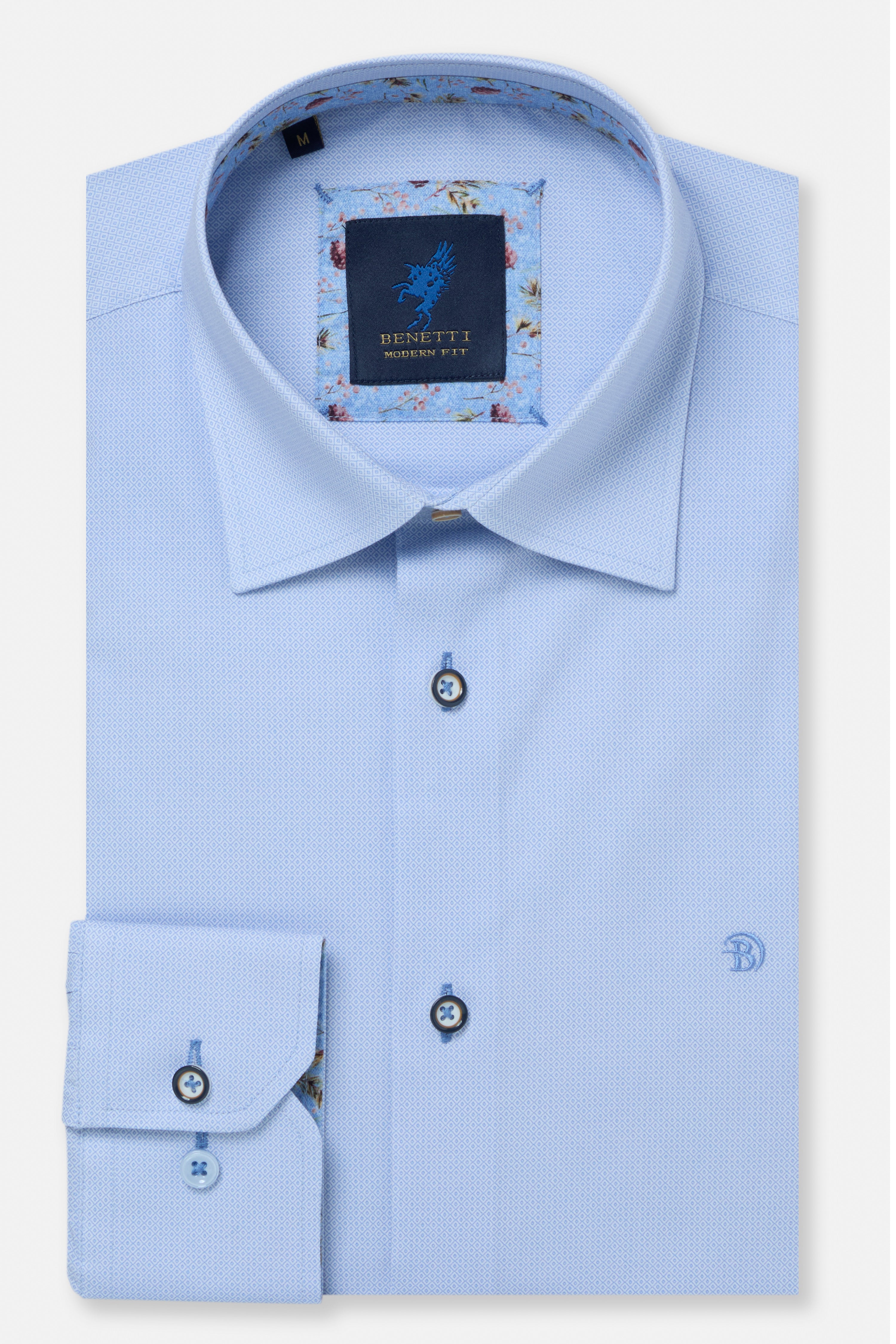 Light blue dress shirt with floral pattern on collar and brand label, on a white background