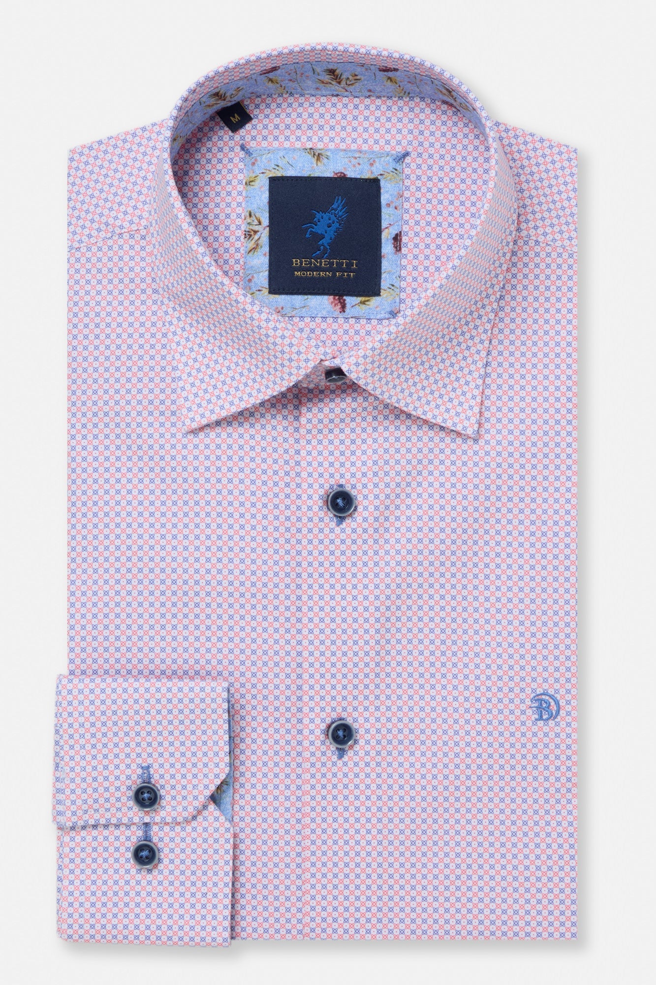 Pink patterned dress shirt with a brand label on a white background