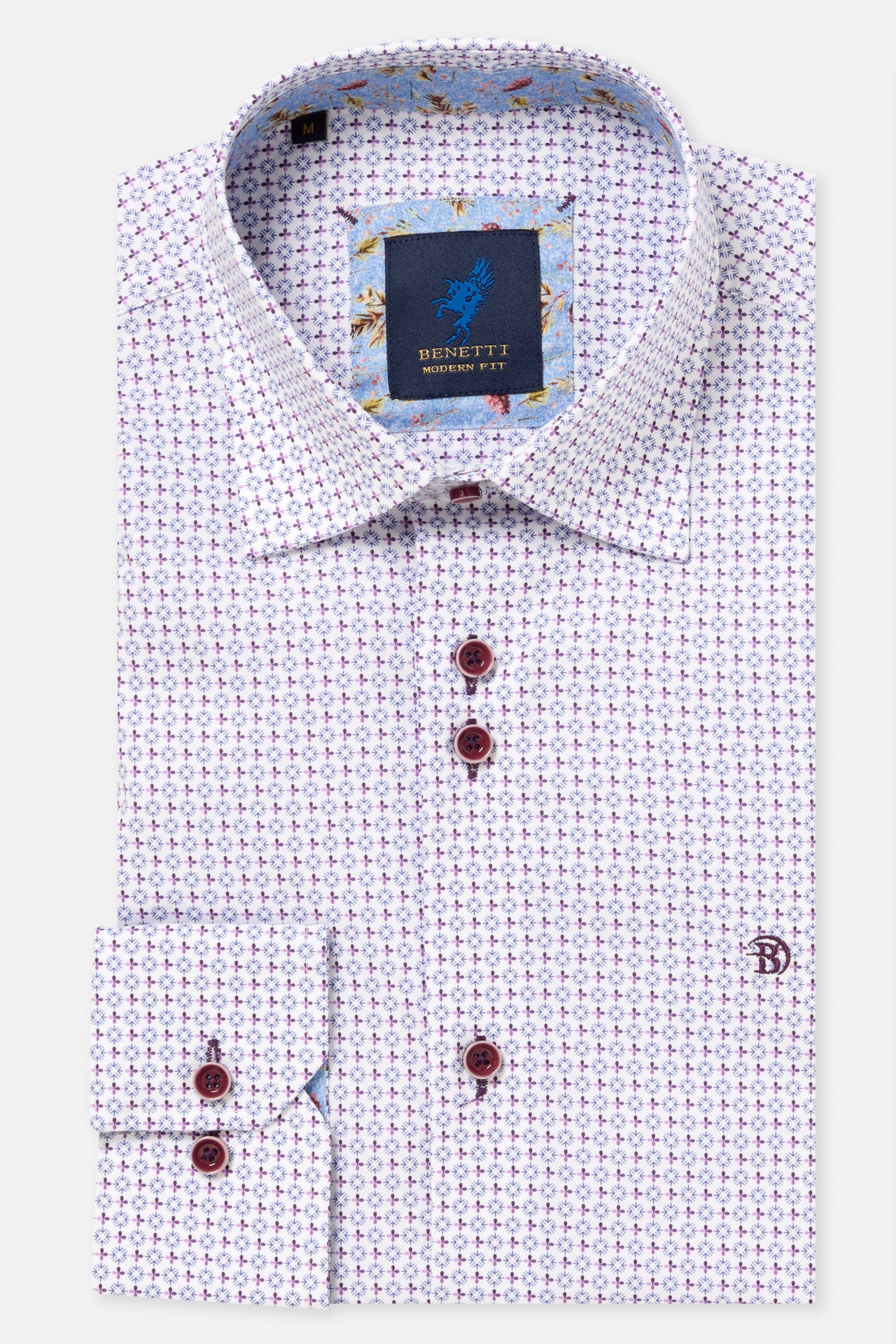 Benetti London Lilac Shirt in LILAC, shown folded with collar, button placket, and patterned print detail visible.