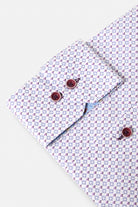 Benetti London Lilac Shirt cuff close-up with lilac patterned fabric and maroon buttons
