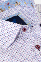 Benetti London Lilac Shirt in LILAC, close-up of the patterned collar and front buttons
