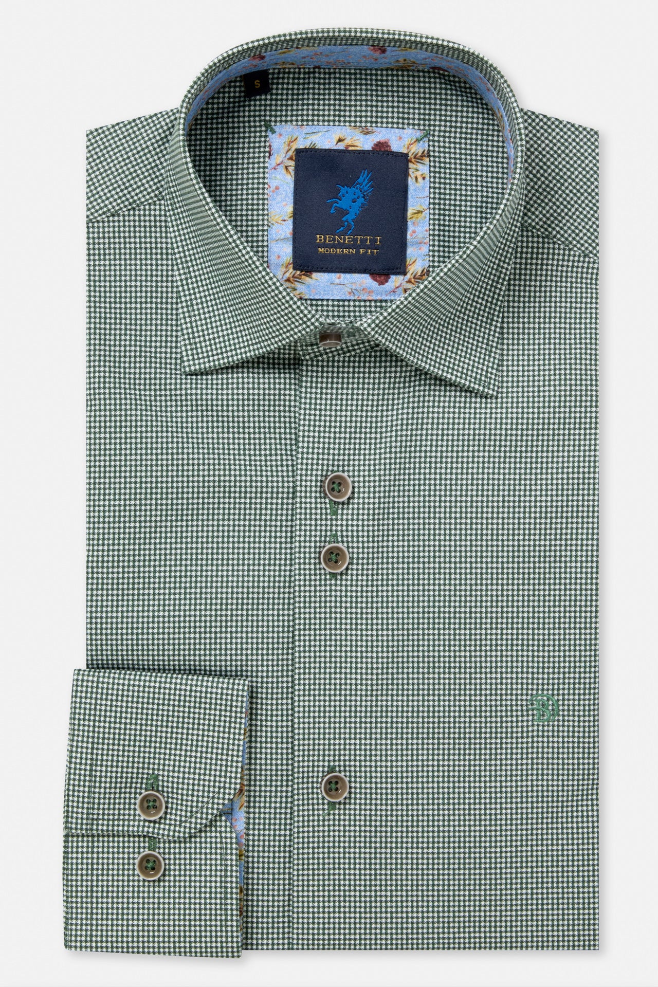 Benetti Riga long sleeve shirt in FOREST, folded with collar and button placket visible, featuring a small green-and-white check pattern and floral contrast trim inside the collar and cuff.