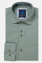 Benetti Riga long sleeve shirt in FOREST, folded with collar and button placket visible, featuring a small green-and-white check pattern and floral contrast trim inside the collar and cuff.