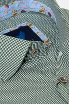 Benetti Riga Long Sleeve Forest Shirt in a close-up of the collar and button placket, with green-and-white check fabric and patterned inner collar trim.