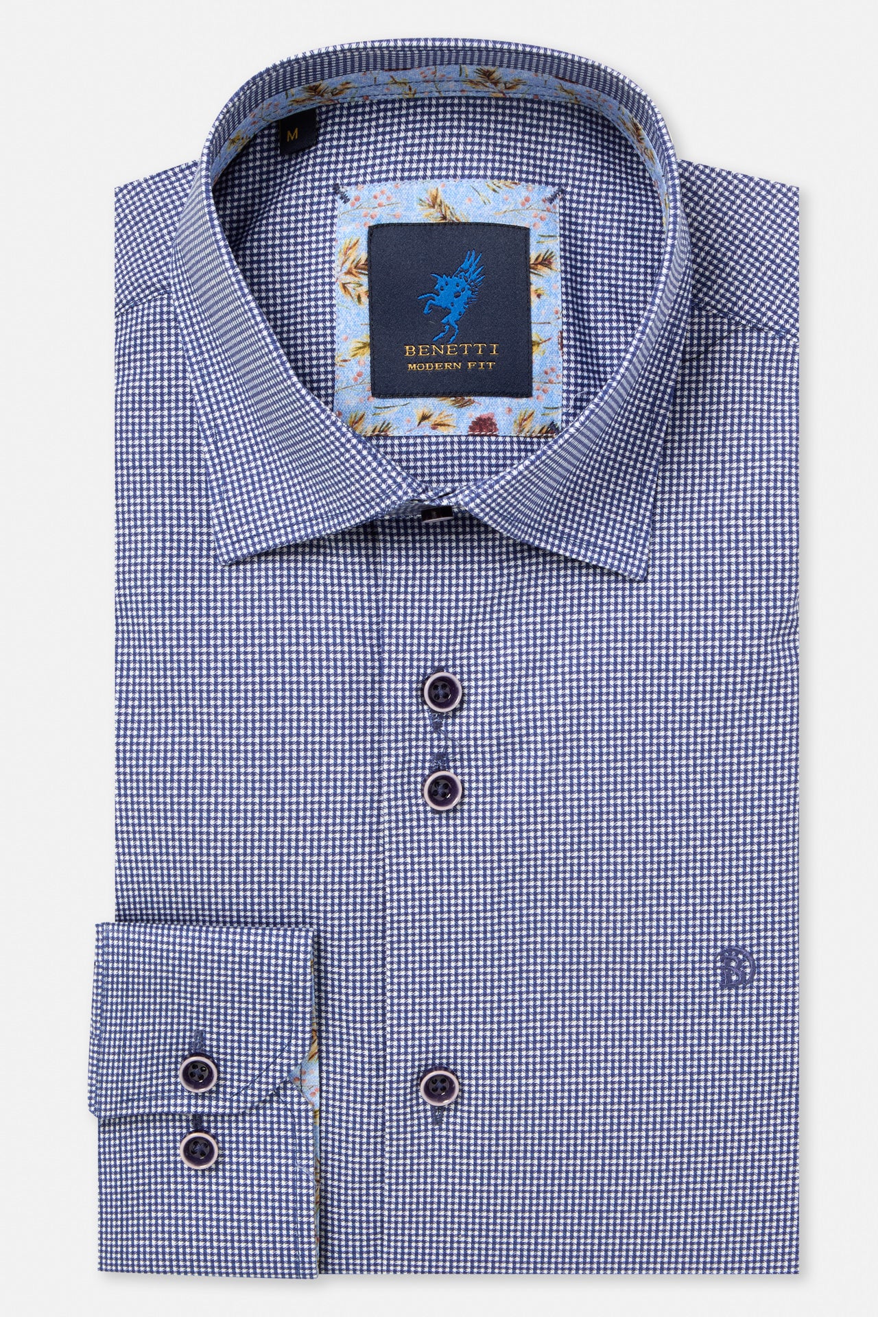 Benetti Riga long sleeve navy shirt, folded front view with patterned inner collar, buttons and cuff visible