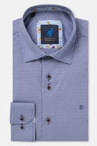 Benetti Riga long sleeve navy shirt, folded front view with patterned inner collar, buttons and cuff visible