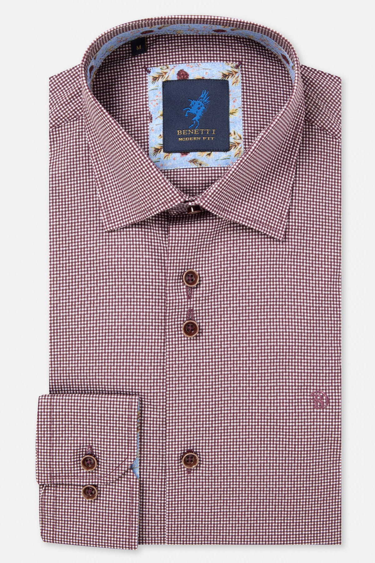 Benetti Riga long sleeve shirt in PLUM, folded with collar, buttons and patterned trim visible.