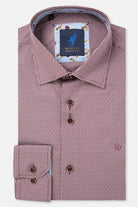 Benetti Riga long sleeve shirt in PLUM, folded with collar, buttons and patterned trim visible.