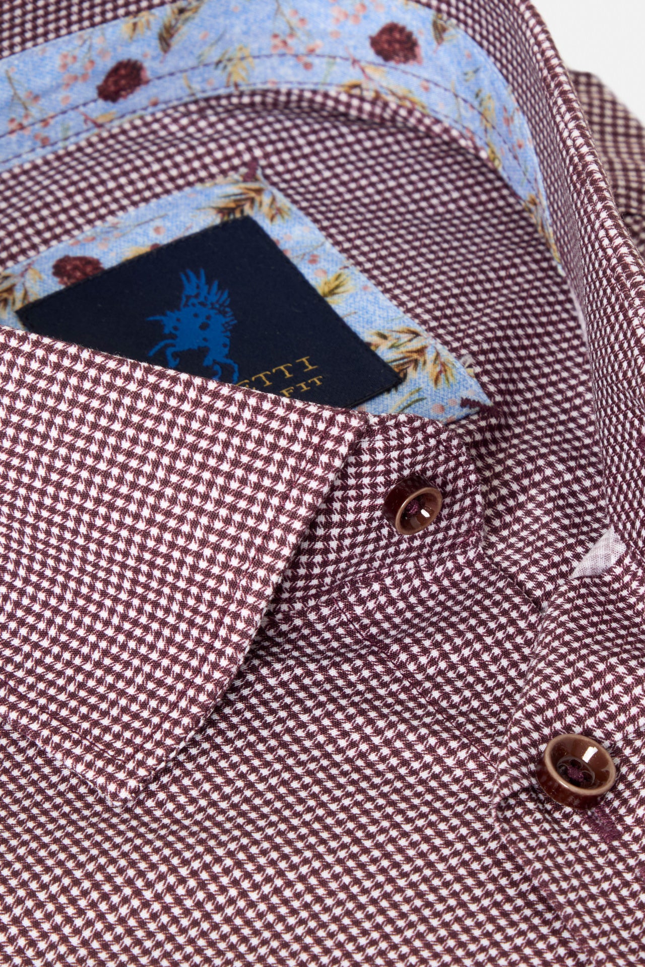 Benetti Riga Long Sleeve Plum Shirt close-up of the collar and button placket with patterned trim inside the collar