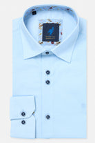 Benetti Riga Long Sleeve Sky Shirt, front view, light SKY gingham shirt with collar and dark buttons.
