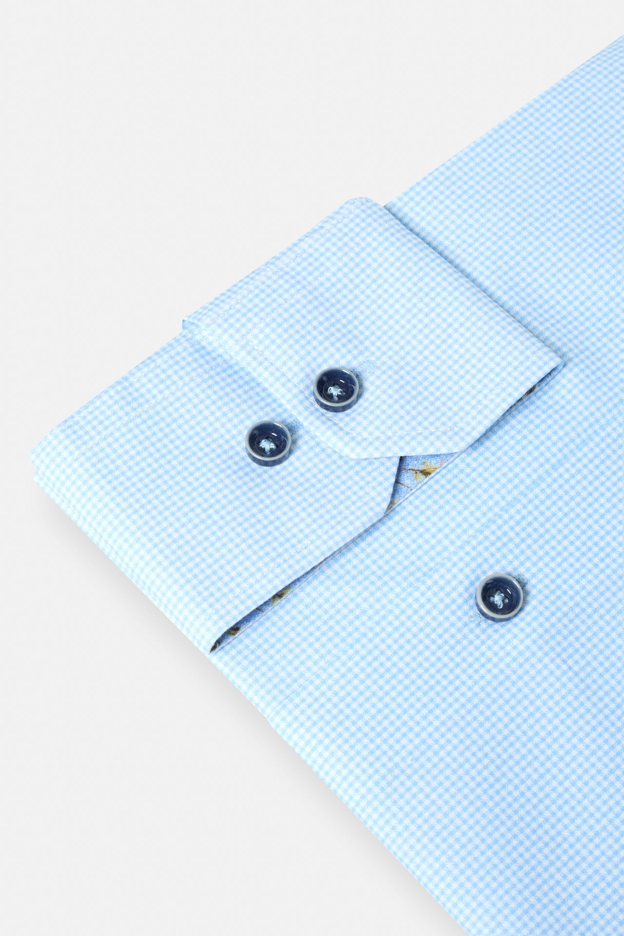 Benetti Riga Long Sleeve SKY shirt cuff detail with dark buttons and fine micro-check fabric texture.