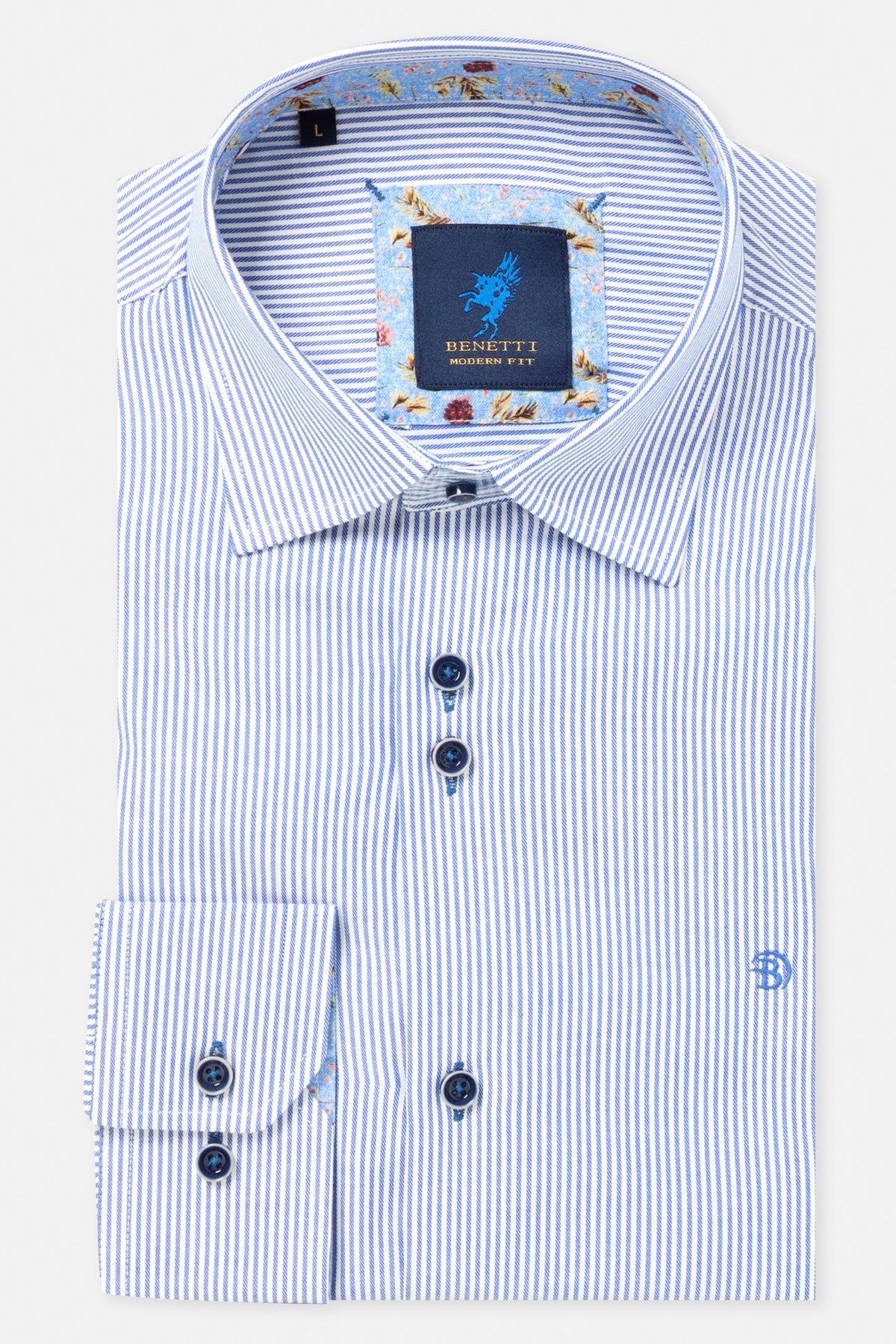 Benetti Sydney Navy long sleeve shirt with fine white stripes, button cuffs, and floral contrast collar and cuff lining.