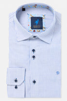 Benetti Sydney Navy long sleeve shirt with fine white stripes, button cuffs, and floral contrast collar and cuff lining.